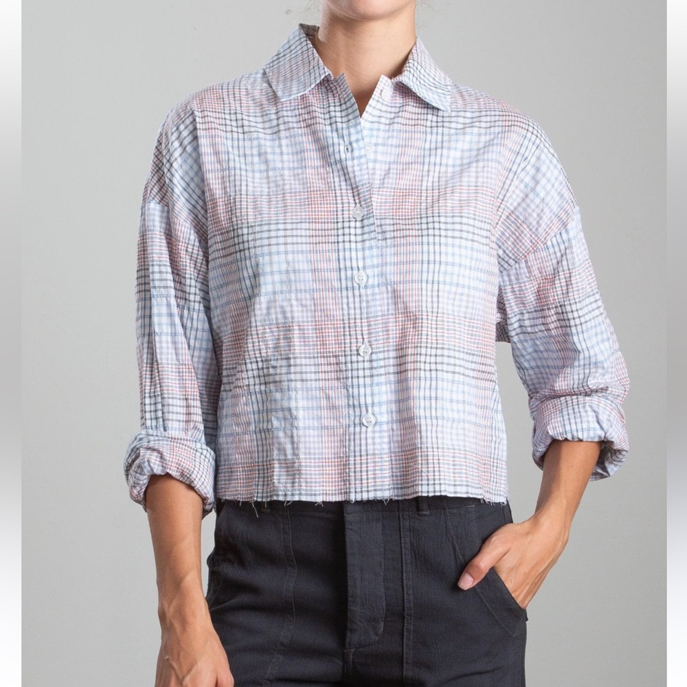 Esme Crop Shirt in Japanese Plaid Marina Button Down by Pharaoh Size Medium
